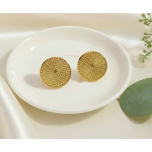 Clip on 1" textured gold thin round button style earrings - Picture 2 of 4